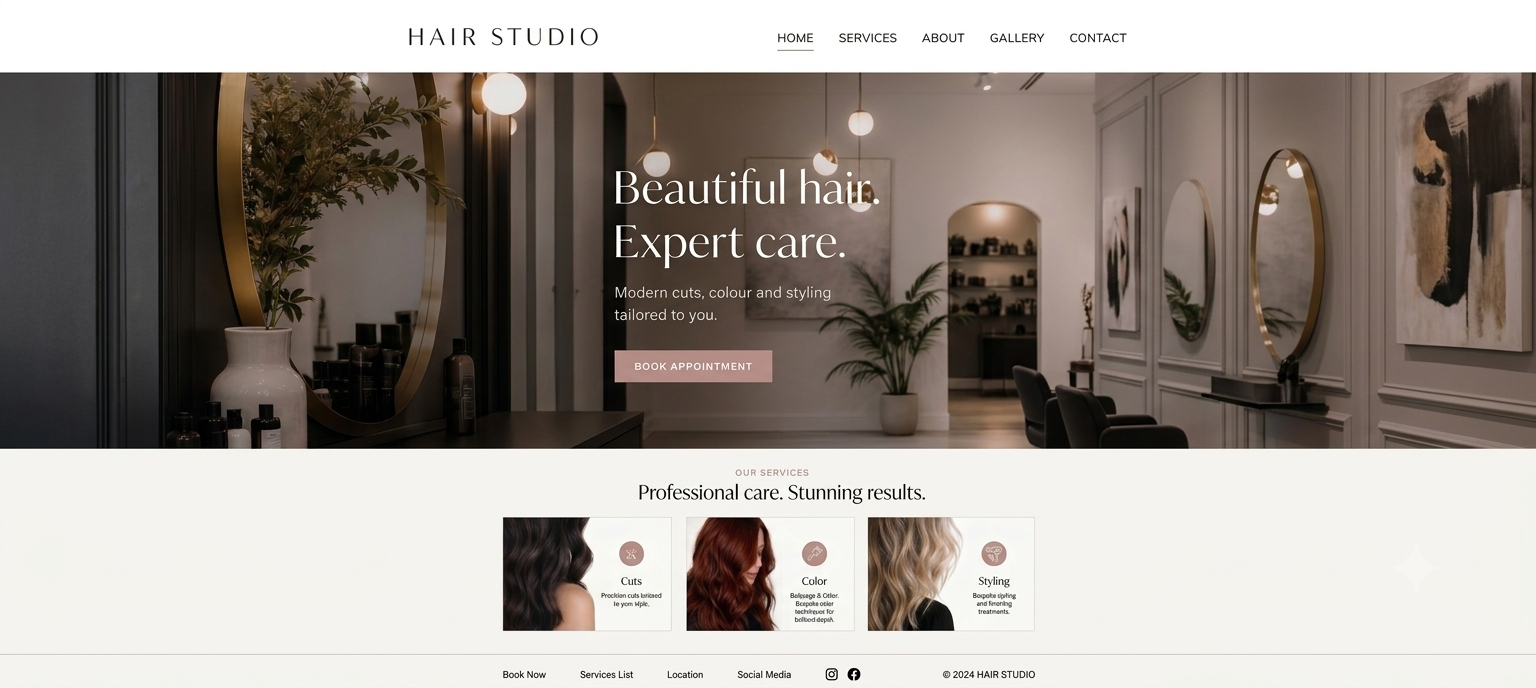 Local hair studio website front page example